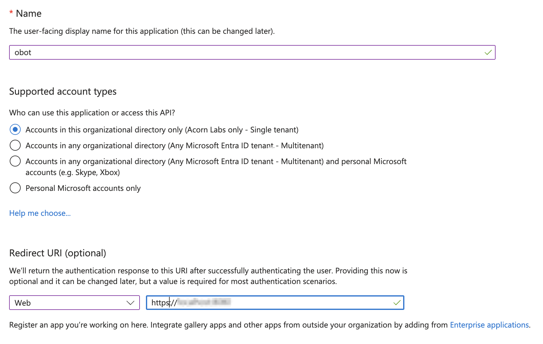 screenshot of Entra App registration